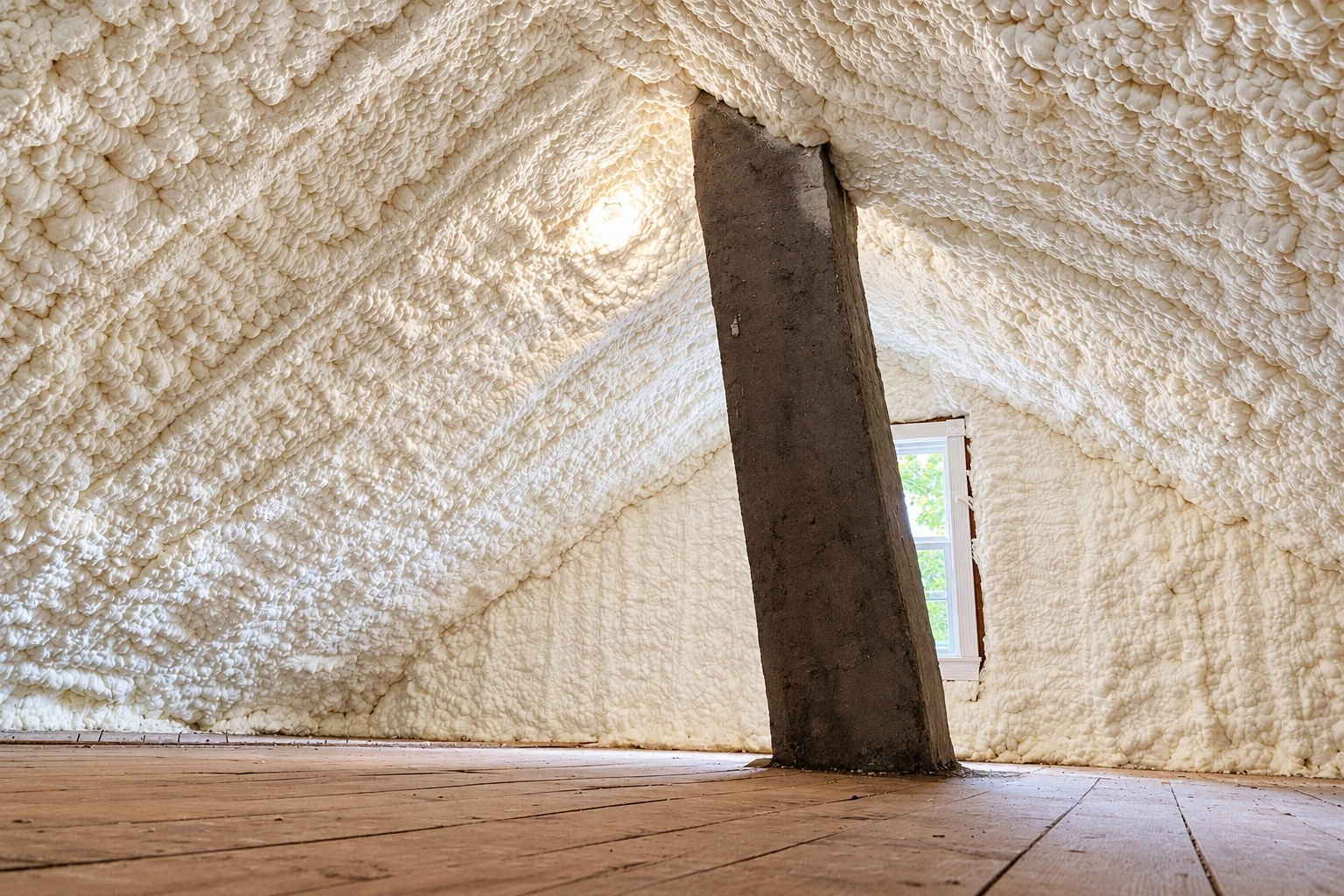 Attic roof and walls coated in white spray foam around a dark support beam and small window.