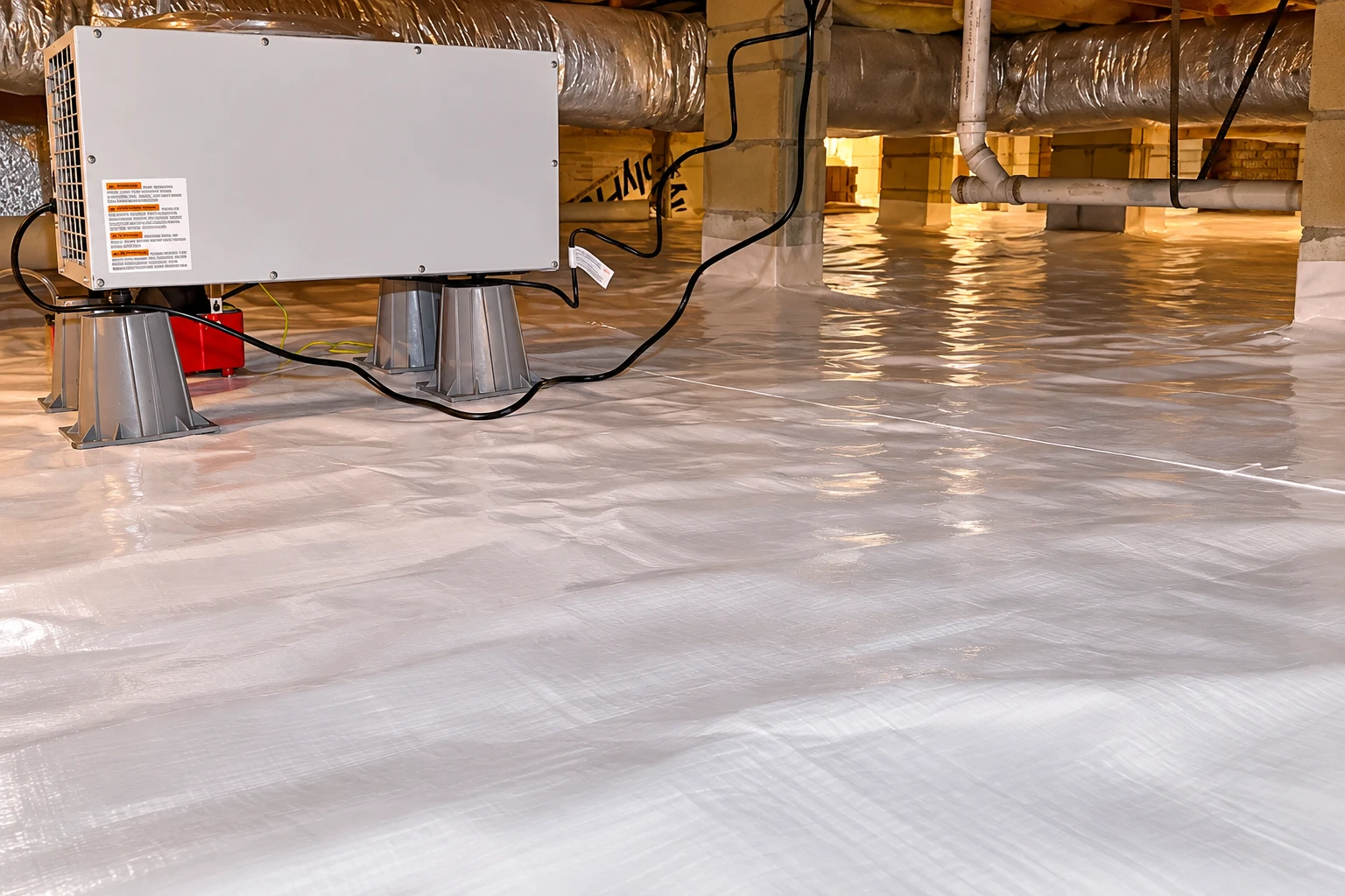 A large air-sealing unit sits above a shiny vapor barrier in a crawl space with exposed ducts and supports.