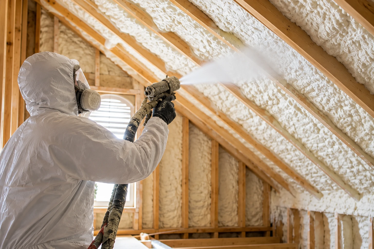 A worker in protective coveralls sprays foam insulation onto the sloped rafters of an attic.