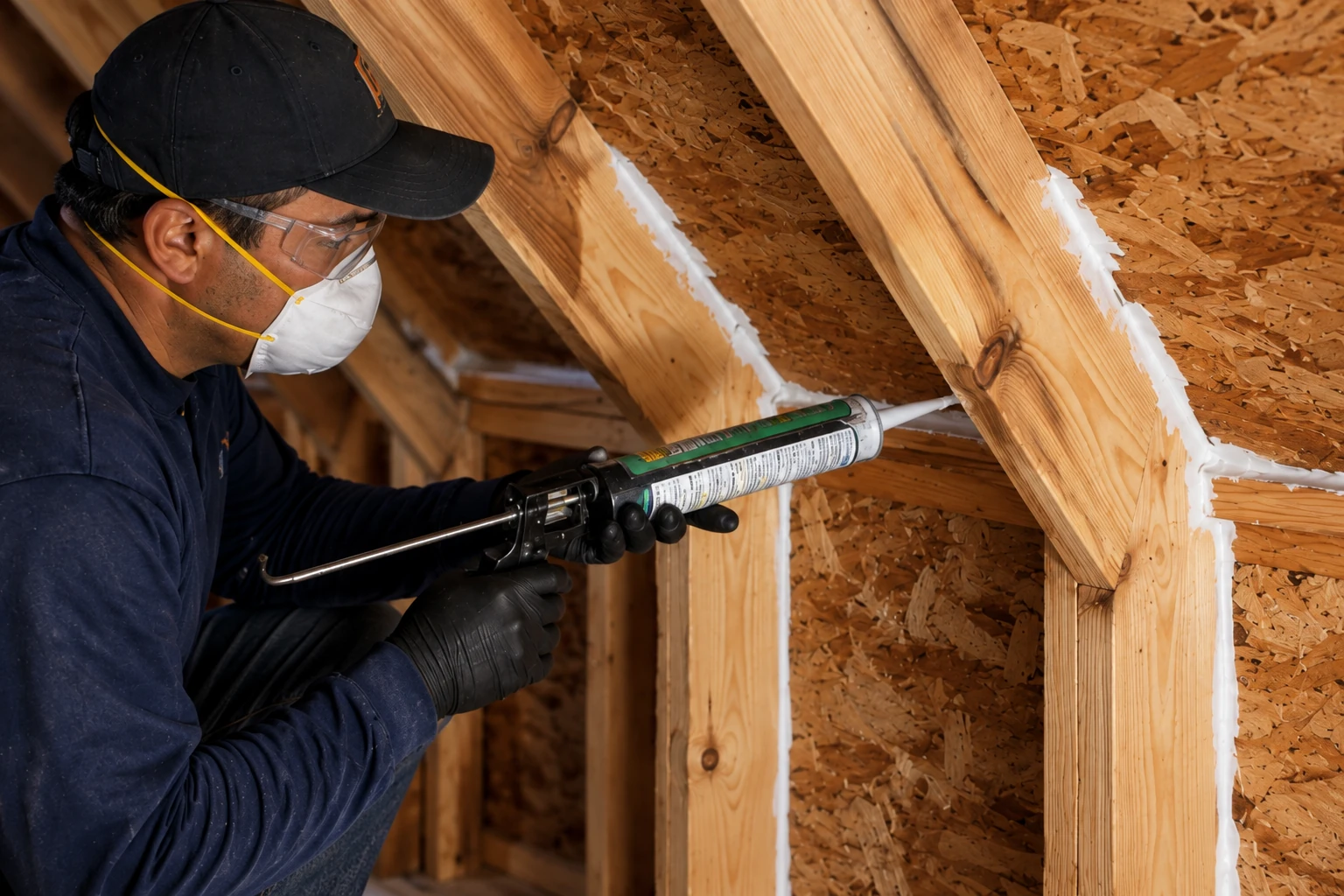 Installer in safety glasses, respirator and gloves applies foam sealant along attic roof framing with a caulking gun.