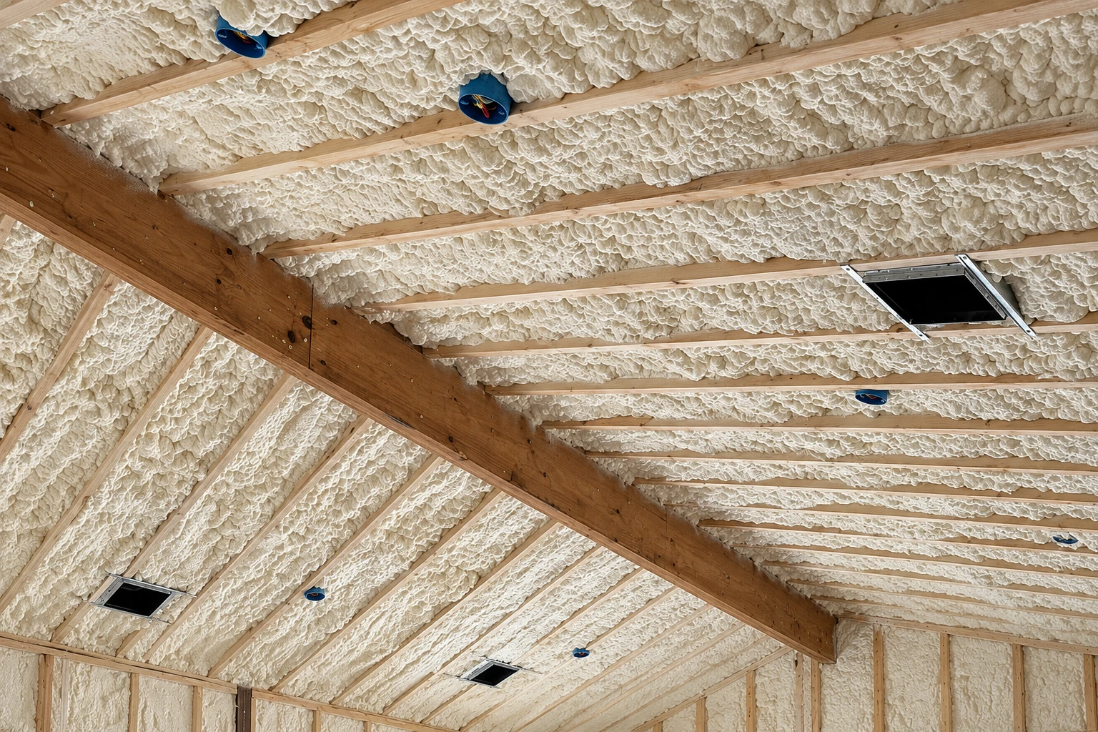 White spray foam fills the rafters of an unfinished attic ceiling, with wooden beams and light fixtures visible.