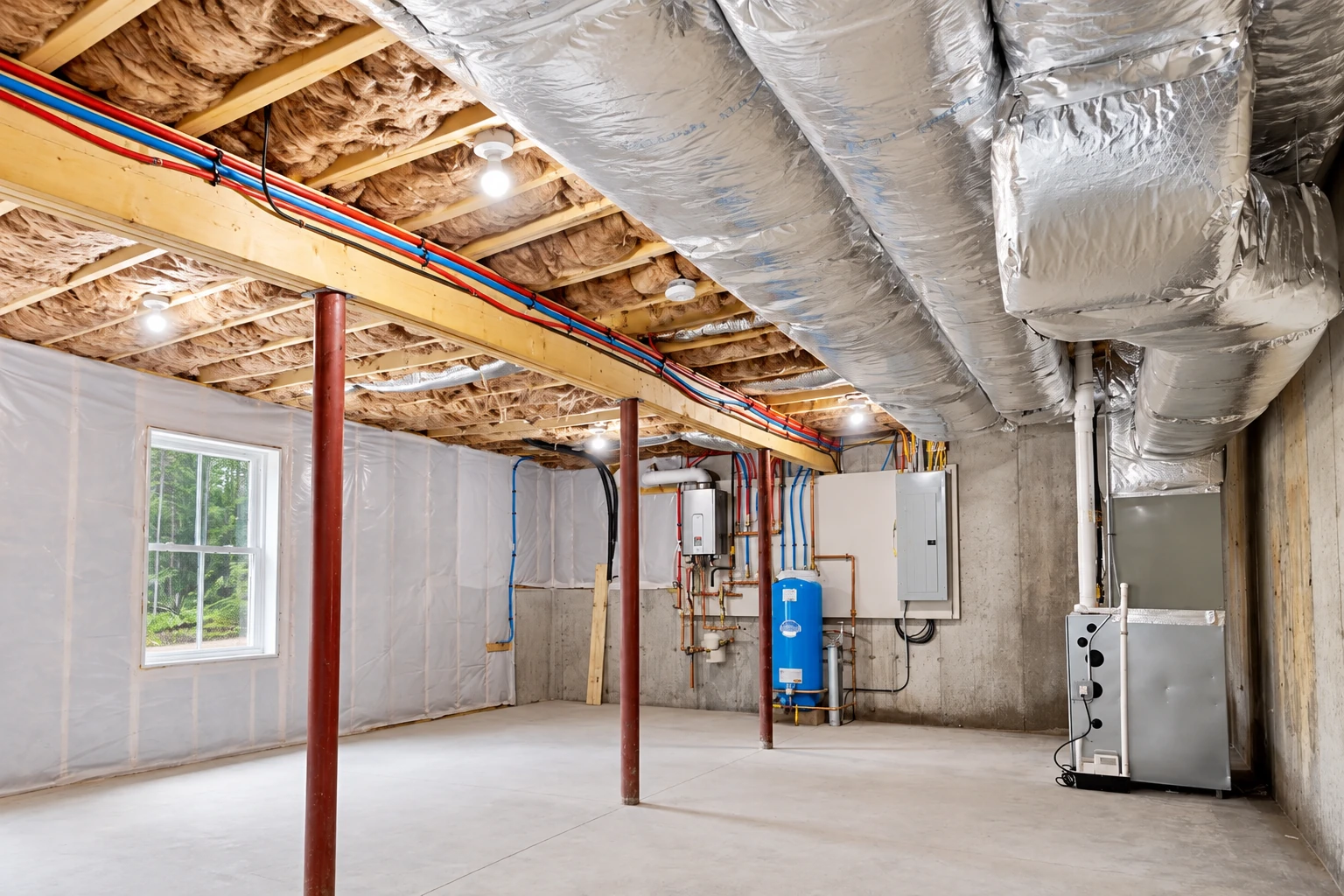 Basement with insulated ceiling joists, large silver HVAC ducts, utility equipment, and a window.