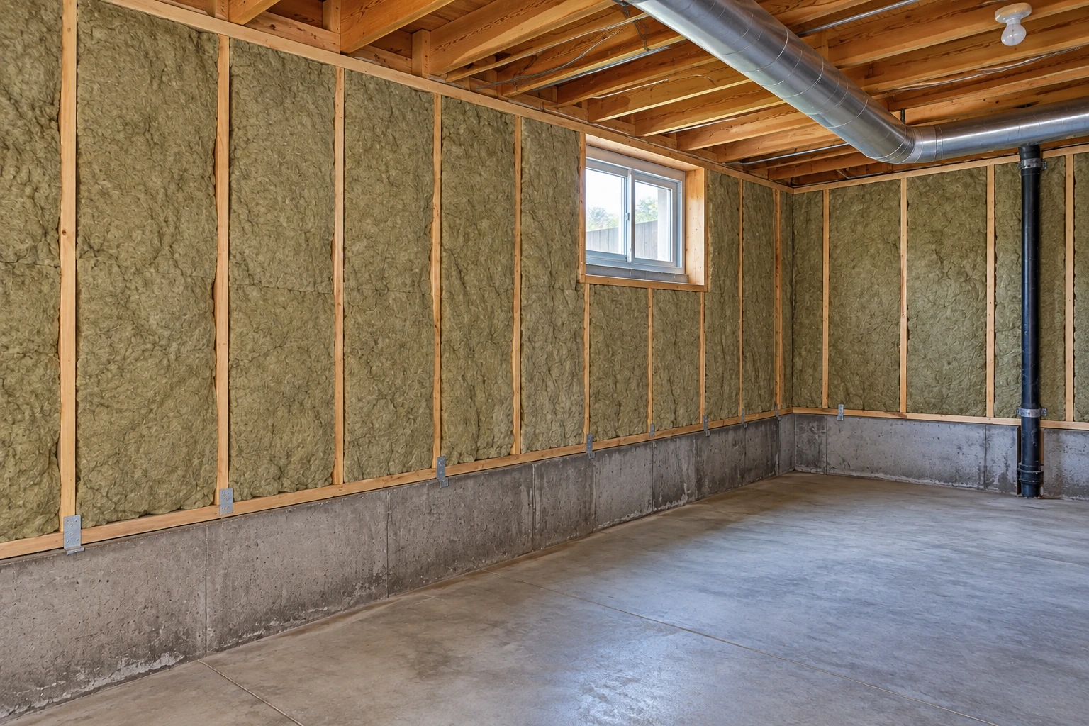 Basement walls fitted with green batt insulation between wooden studs, above exposed concrete foundation walls.