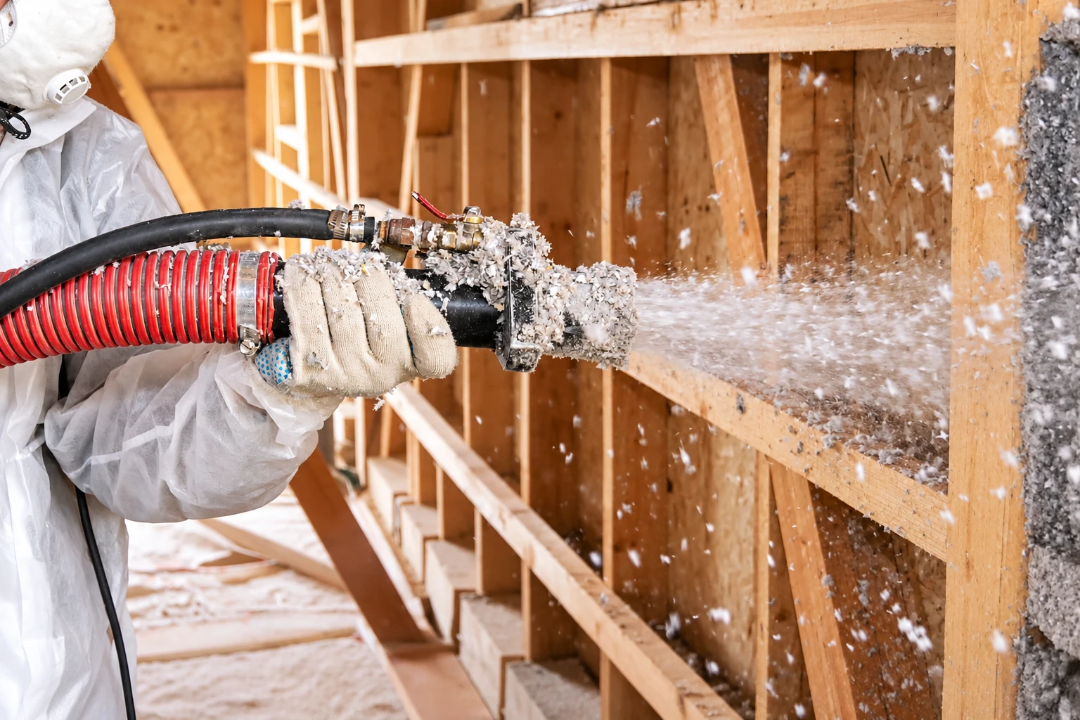A worker in protective clothing sprays loose-fill insulation through a hose into a wooden wall cavity.
