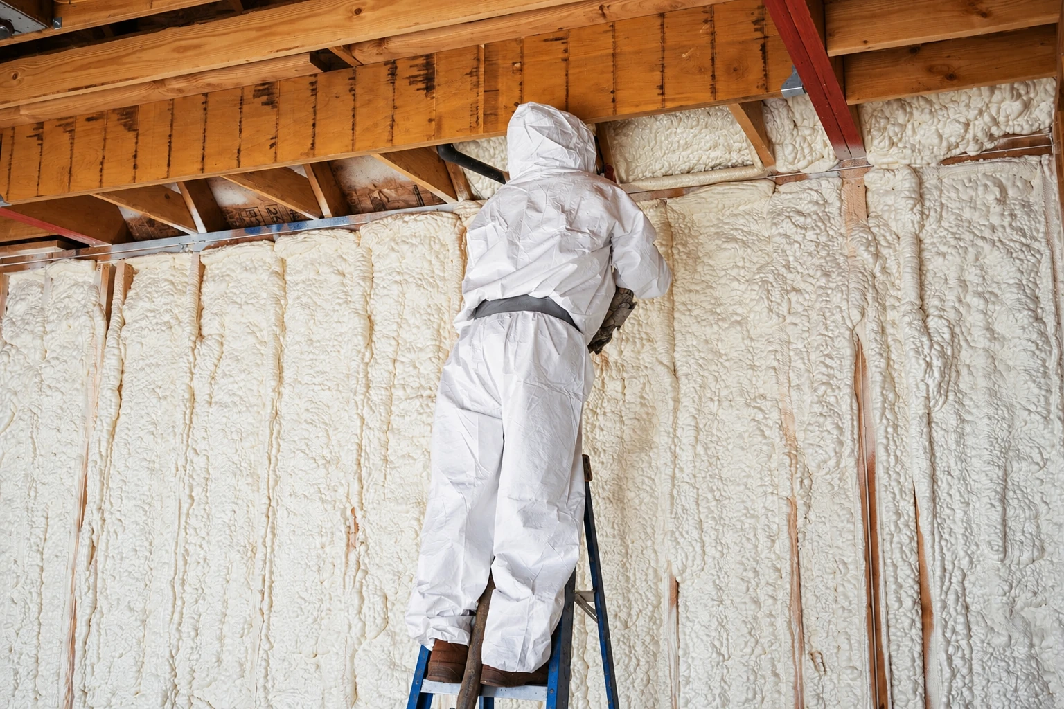 Worker in protective coveralls applies closed-cell foam insulation to framed wall cavities.