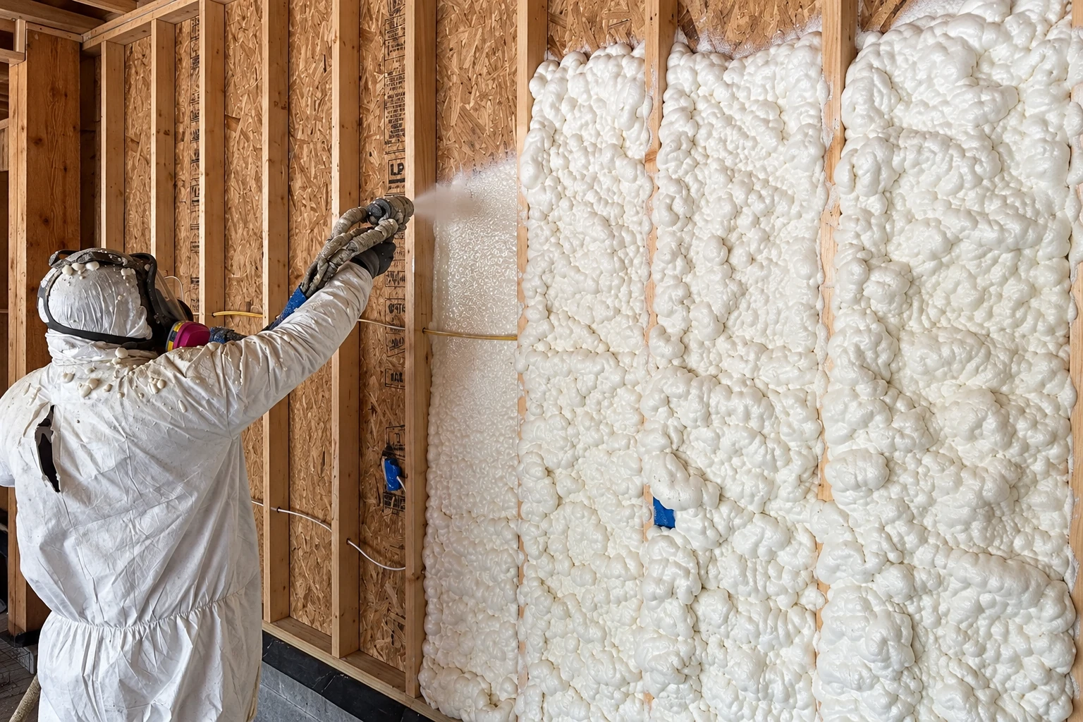 A worker in protective coveralls sprays white foam insulation between exposed wall studs.