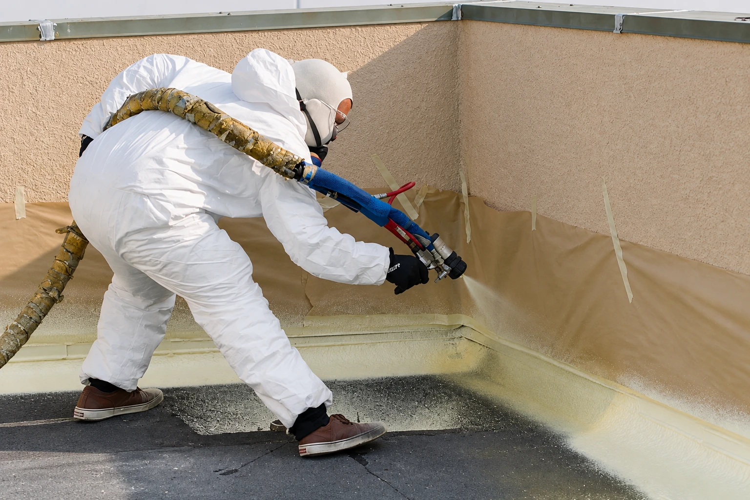 A worker in protective coveralls sprays foam insulation along the inside wall of a commercial roof.