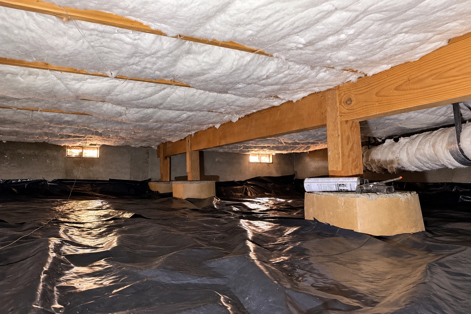 White insulation covers the underside of a crawl space floor above a black plastic ground liner.
