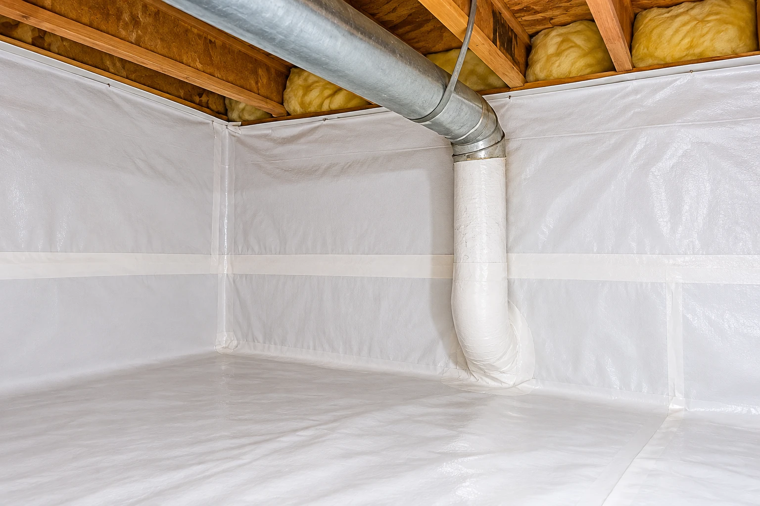 White vapor barrier sheeting covers the crawl space floor and walls beneath exposed joists and ductwork.