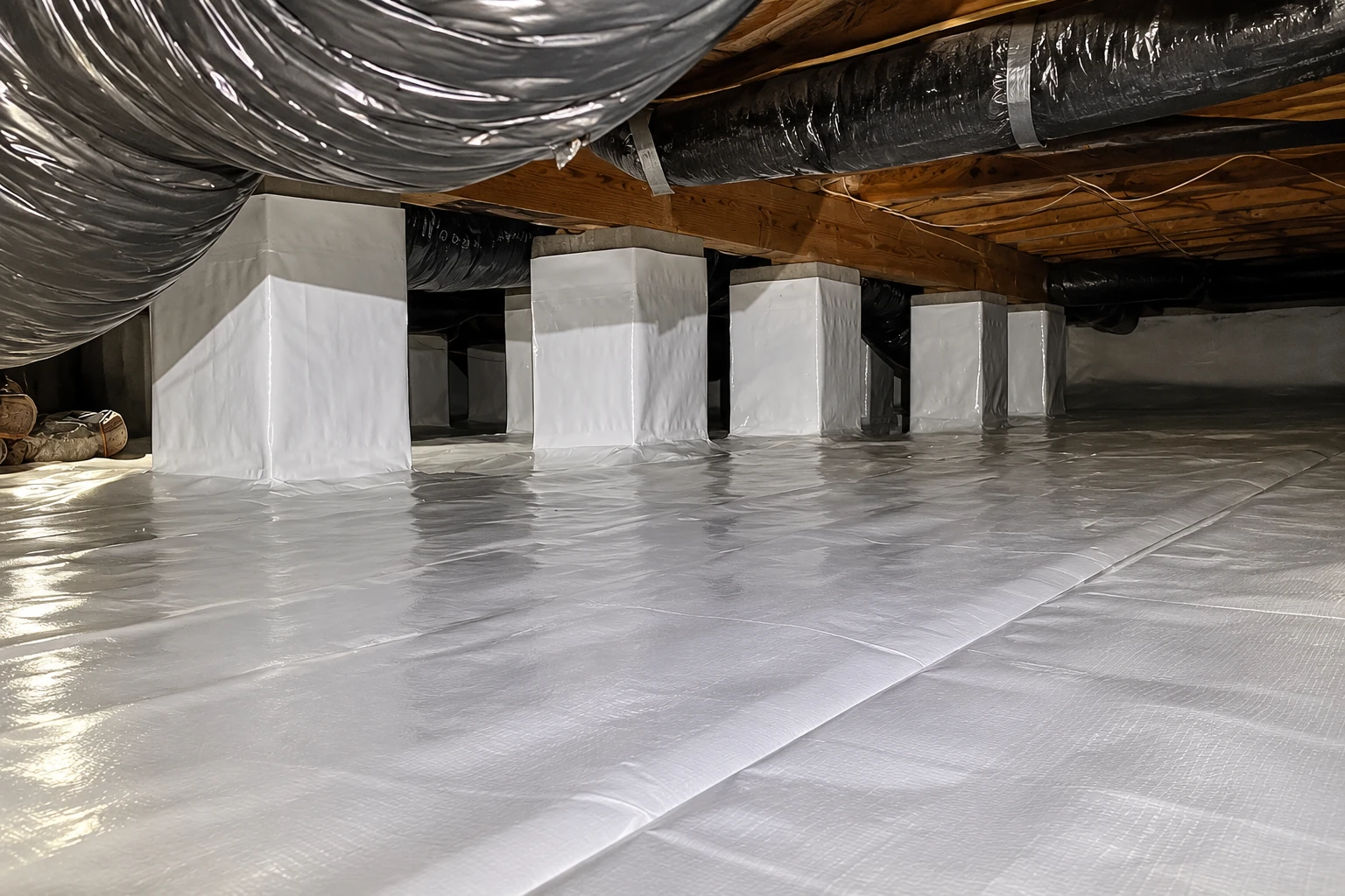 Crawl space floor and support piers covered with shiny white vapor barrier beneath black ductwork and wooden joists.