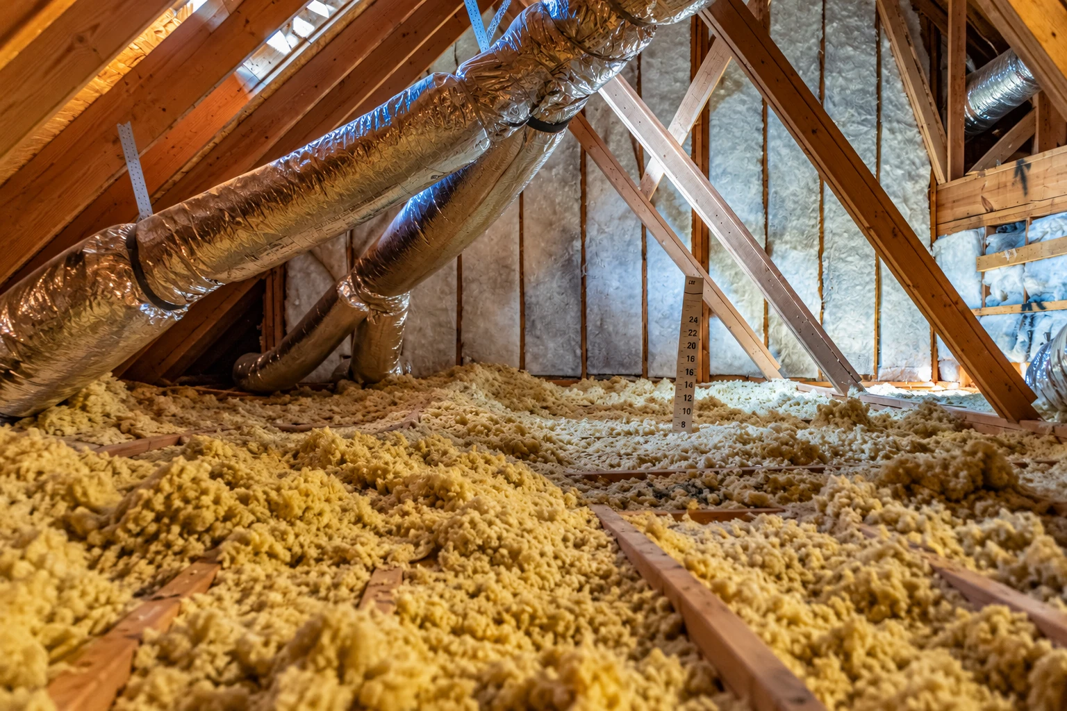 Attic with loose-fill insulation across the floor, insulated roof framing and large foil-wrapped ducts.