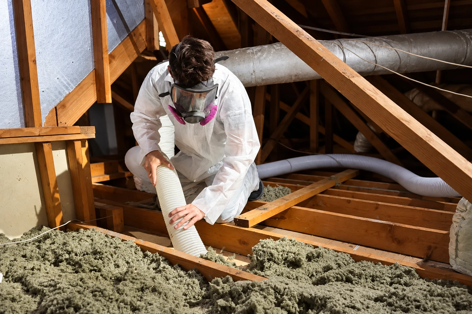 A worker wearing protective gear uses a hose to remove loose gray insulation from an attic.