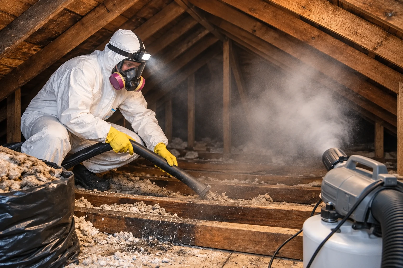 A worker in protective clothing and a respirator vacuums old attic insulation through a hose beside a collection machine.