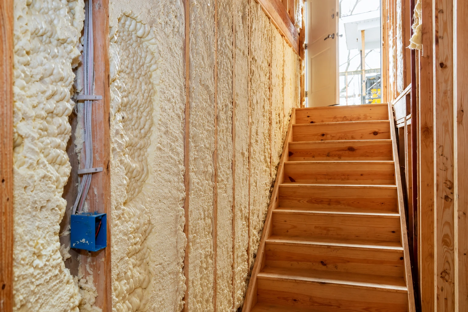 Open-cell spray foam fills the wall cavities beside a wooden staircase in an unfinished interior.