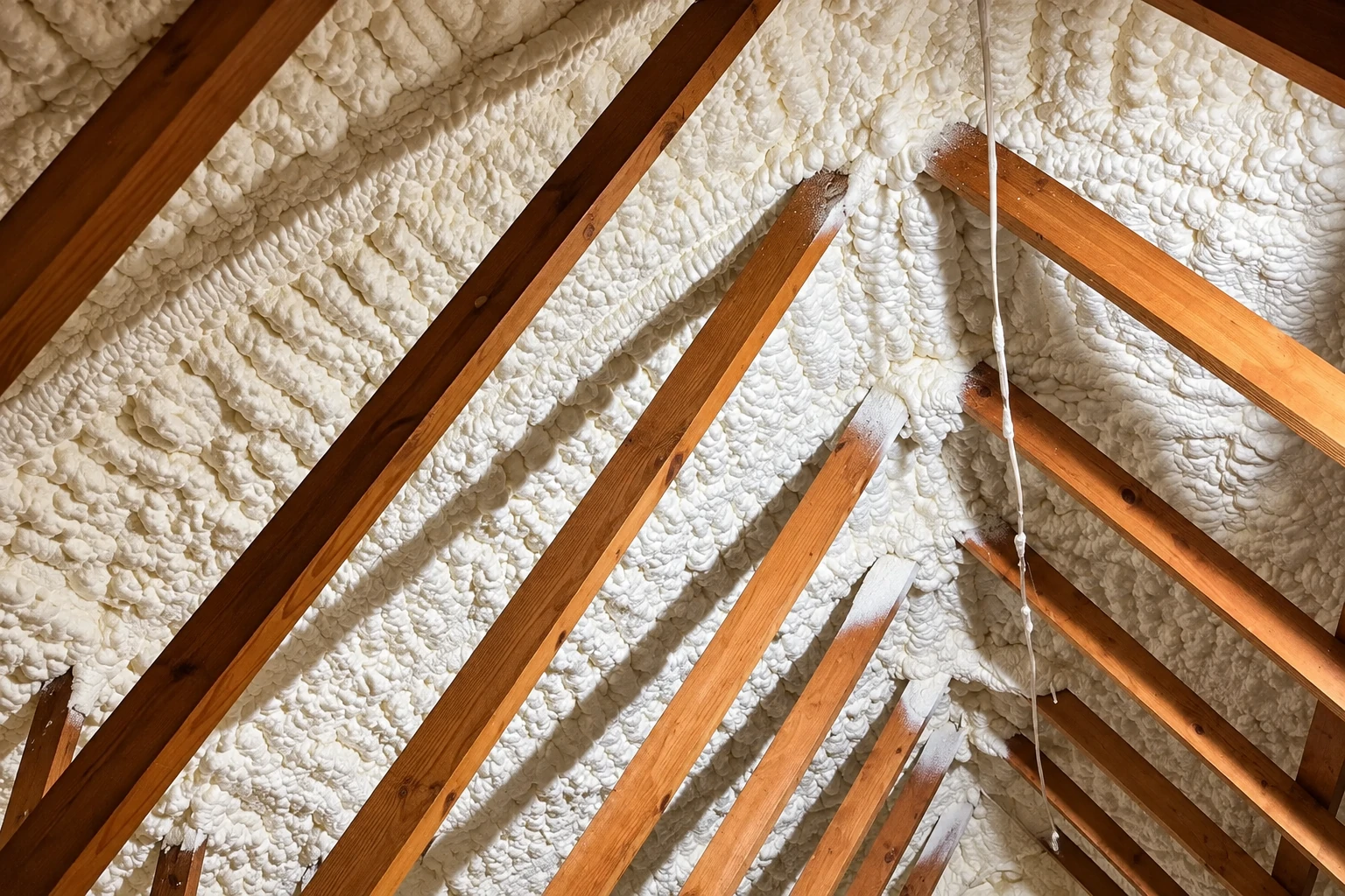 White spray foam insulation fills the roof between exposed brown rafters in an attic.