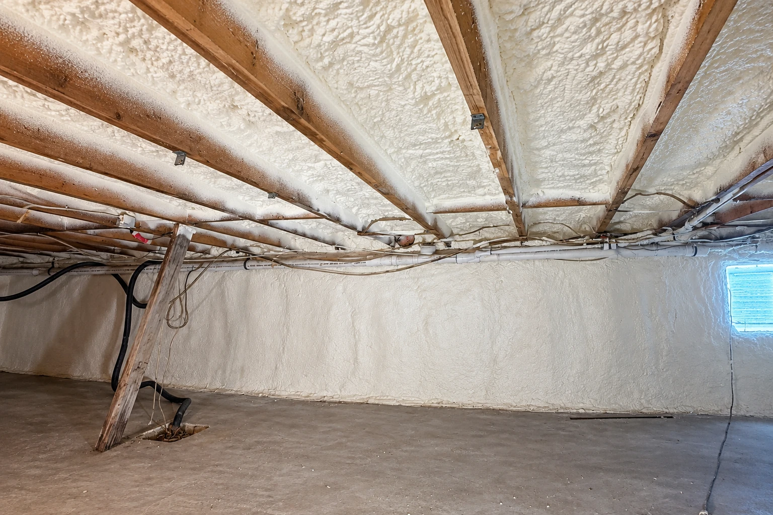 Crawl space with white spray foam covering the ceiling joists and walls above a bare concrete floor.