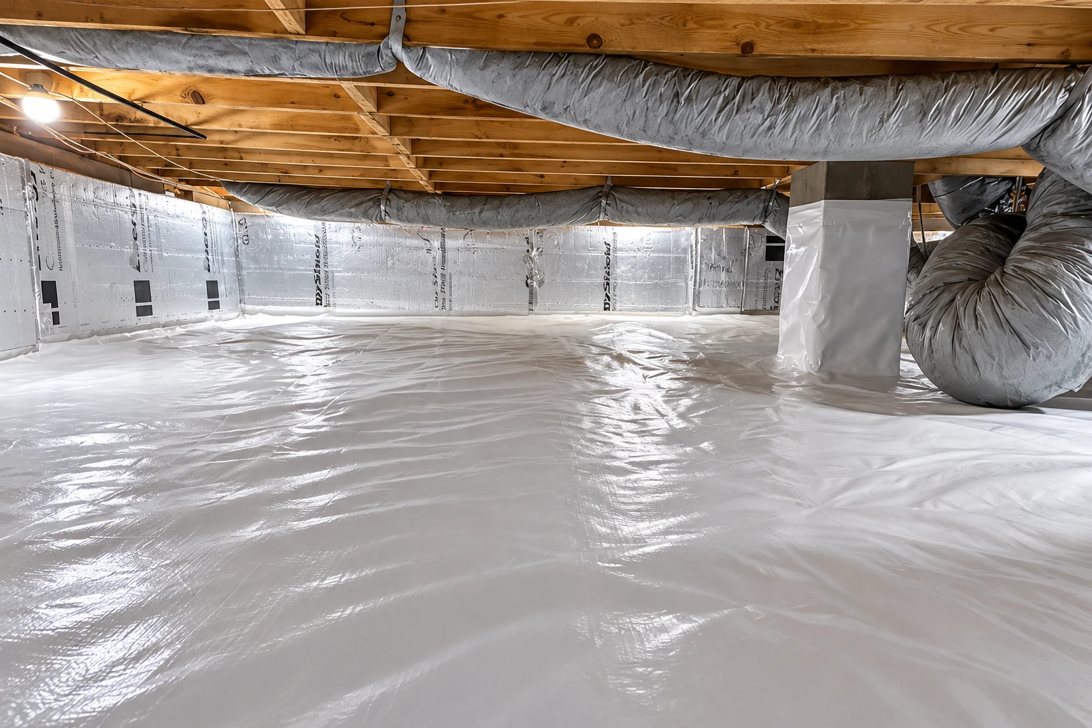 A crawl space has reflective vapor barrier sheeting across the floor and walls beneath exposed joists and ducts.
