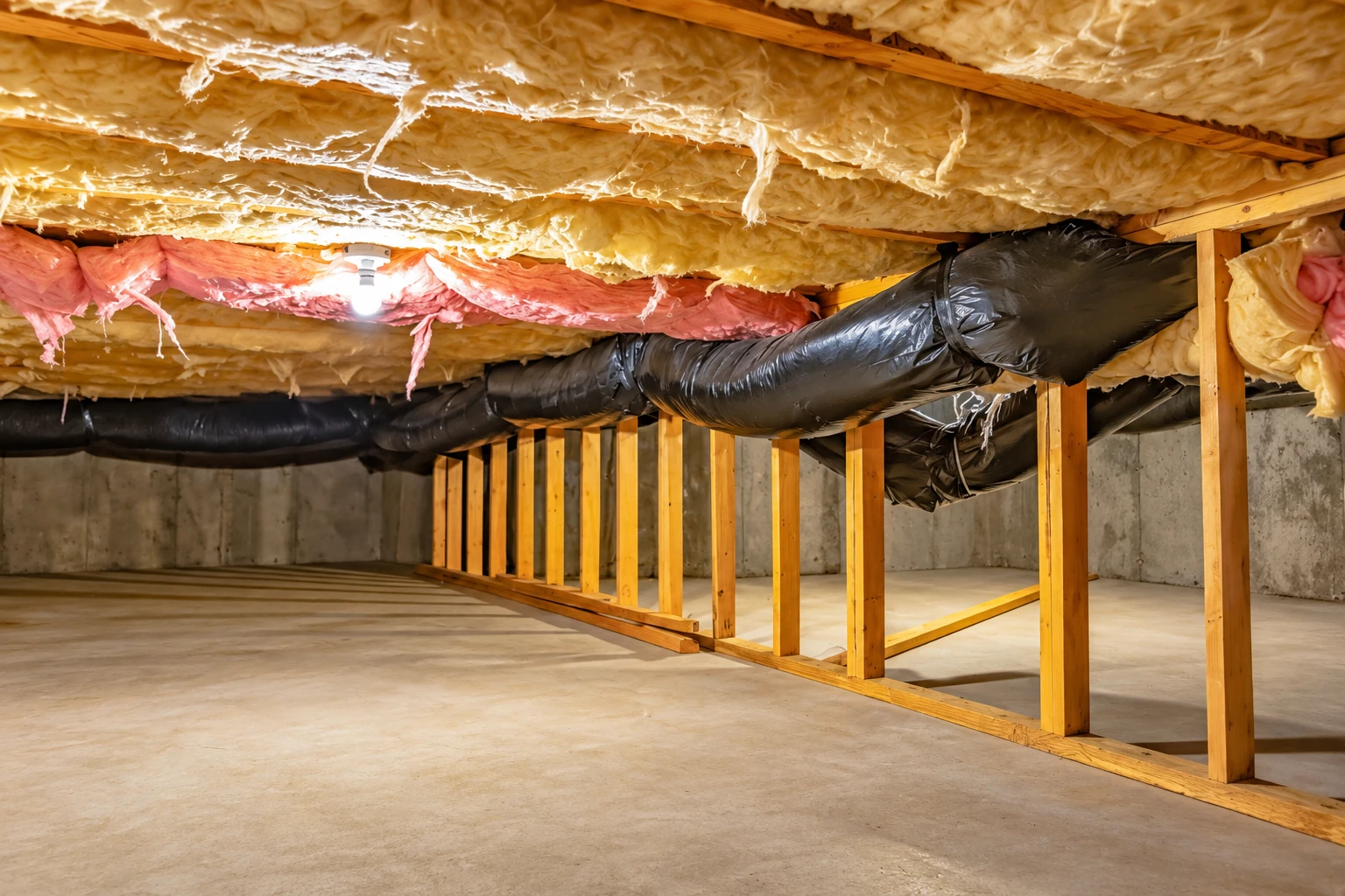 Crawl space with exposed fiberglass insulation overhead, black-wrapped ductwork and a wooden vapor barrier frame over concrete.