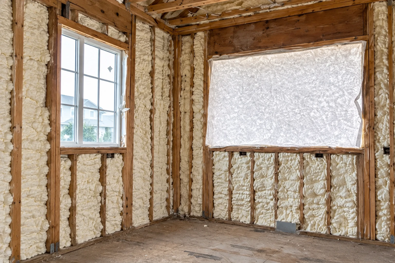 Open wall framing filled with white spray foam insulation around two windows.