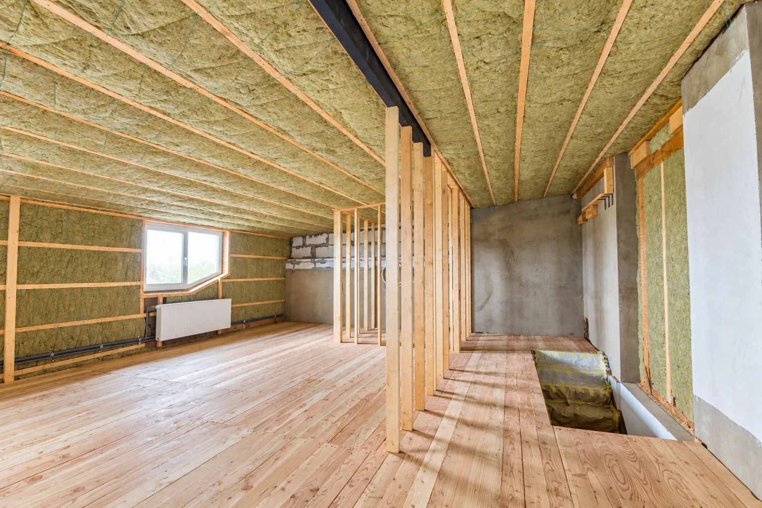 Unfinished room with green batt insulation installed between wall studs and across the ceiling, with exposed wood framing and plank flooring.